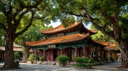 Confucian Temple has a roof covered with vermilion glazed tiles and ancient trees