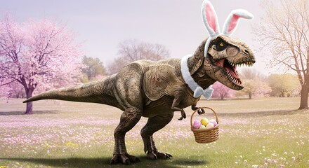 Tyrannosaurus Rex in a whimsical bunny costume, holding an Easter basket in a vibrant spring meadow