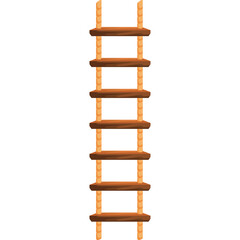 A vertical wooden rope ladder with eight brown steps against a plain white background suggesting a simple climb or ascent option