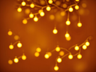 Obraz premium A bunch of lights hanging from a ceiling.Soft-focus warm lights arranged on branches, creating a dreamy bokeh effect. Ideal for festive like Christmas, ambient, and decorative-themed visuals.
