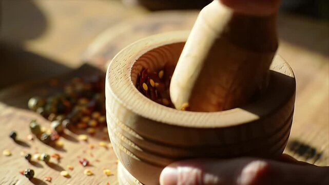 Close-up of a hand using a wooden mortar and pestle to grind fresh whole spices like peppercorns and chili flakes preparing seasonings in a rustic kitchen 