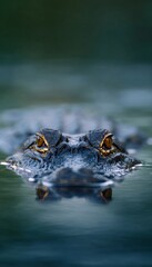 Naklejka premium Alligator head emerges from swamp water, eyes alert amid ripples and detailed scales of predator