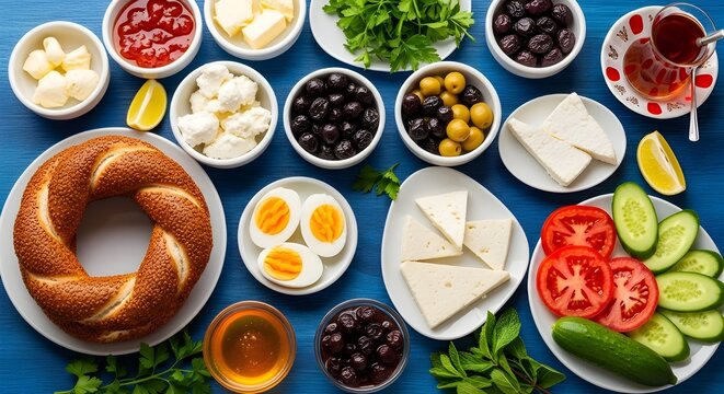 Traditional Turkish Breakfast with Simit and Tea on Blue Wooden Table &mdash; Authentic Morning Meal