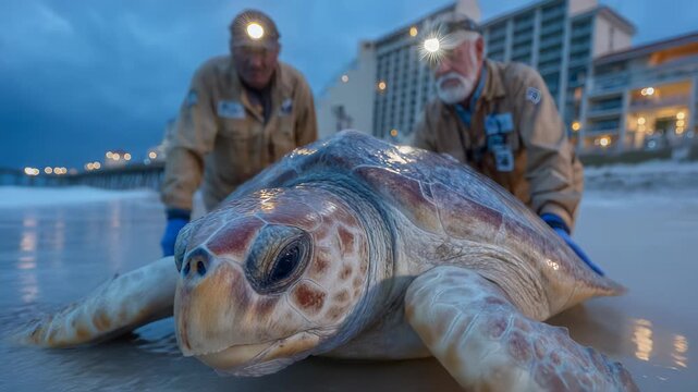 Loggerhead Sea Turtle Rescue: Volunteers Assist Stranded Turtle on Beach at Dusk for Conservation and Rehabilitation