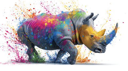 A colorful rhinoceros covered in bright paint splashes stands against a white background in color!!