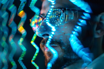 Man connecting with digital data light streams