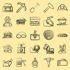 Icon set of mining. Gold mining elements. Icon in hand drawn style.