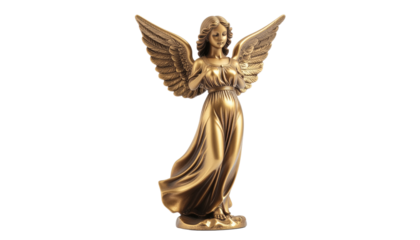 golden angel statue with outstretched wings and a serene expression, symbolizing peace, protection, and divine grace. a timeless symbol of spirituality. Isolated On Transparent and White Background