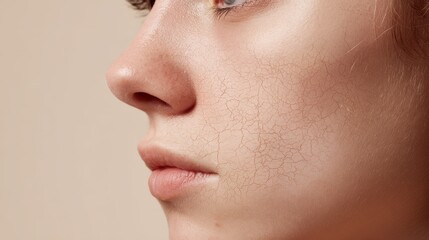 Close up portrait of woman s face showcasing dry skin texture in soft beige background lighting