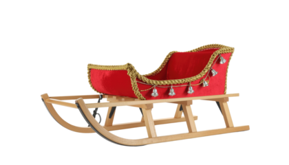 festive red sled with gold trim, a symbol of winter joy and holiday cheer, perfect for creating a seasonal mood. Isolated On Transparent and White Background