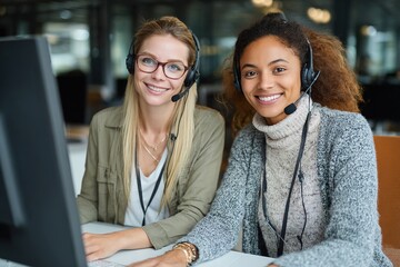 Smiling female call center agents wearing headsets working together in modern office environment