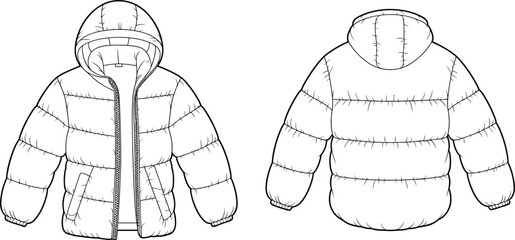 Hooded puffer jacket technical flat sketch, quilted winter coat design, fashion outerwear template, warm clothing illustration, cad drawing flat vector illustration © Design_Pro