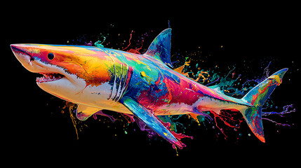A neon rainbow shark glides across a black background, with splashes of vibrant paint in color hues!