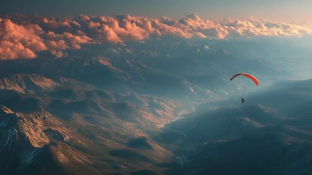 Paraglider Soaring Over Mountain Ranges at Sunset, Adventure Sport, Aerial View of Landscape with Clouds, Freedom and Tranquility
