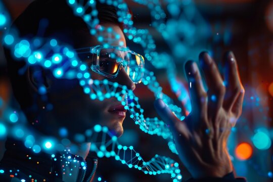 Scientist interacting with conceptual dna helix in virtual reality