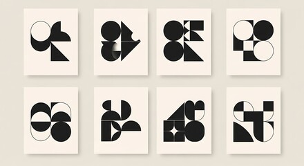 Abstract geometric art prints featuring black shapes on a beige background, minimalist design.