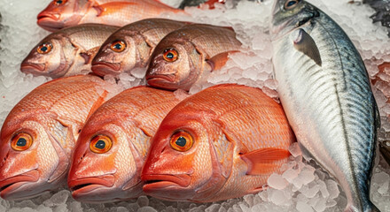 Fresh red snapper and mackerel on crushed ice at fish market, vivid orange scales and silver skin glistening, appealing fresh seafood display with cool textured ice