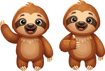 Happy Sloth Cartoon Characters Cheerful Animal Illustrations Smiling Jungle Creatures Adorable Tropical Wildlife Collection Cute Slow Mammals Standing with Thumbs Up