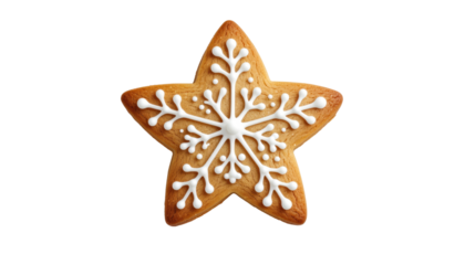 festive star-shaped gingerbread cookie with intricate white icing. A delicious and artistic edible treat for the holidays.  Isolated On Transparent and White Background
