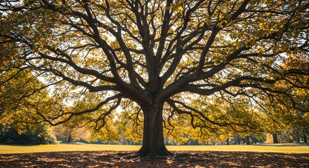 Majestic Tree with Golden Leaves in Autumn Landscape Scene