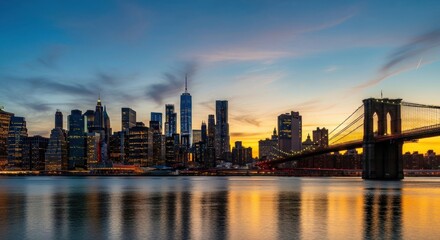 Obraz premium Manhattan Skyline and Brooklyn Bridge at Dusk: Golden Reflections on the East River