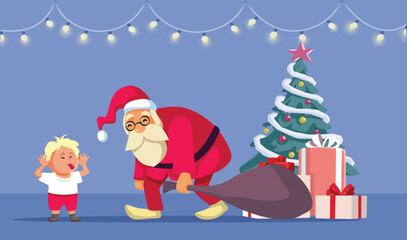 Rude Boy Acting Bratty with Santa Vector Illustration. Child being annoying and misbehaving in front of a tired Santa Claus 