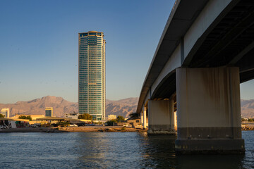Ras al Khaimah emirate  viewin the northern United Arab Emirates  cityscape landmark and skyline view above the mangrove and corniche downtown area at dawn