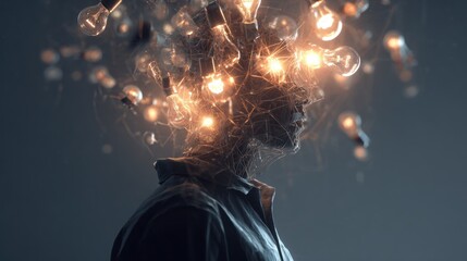 Conceptual image of a persons head with lightbulbs representing ideas