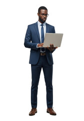 Full body shot of african american businessman in suit working on laptop stock photo image, isolated on transparent background