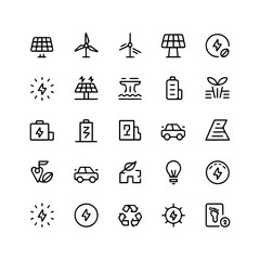 Eco Energy Line Icon Set | Solar Wind Electric Renewable Power Sustainability Icons