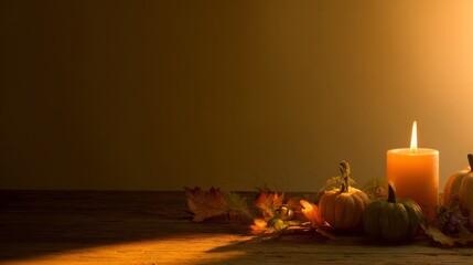 Warm candlelit all saints day scene with autumn leaves, pumpkins, and rustic decorations