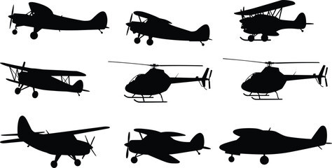 Aircraft silhouettes, airplane illustration, helicopter silhouettes, aviation design, biplane artwork, monoplane silhouettes, flying machines, aviation concept, aircraft artwork, aviation collection © Creatives Sakib