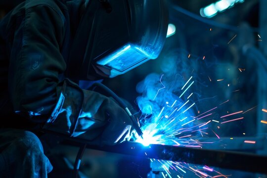 Industrial worker welding metal creating sparks and blue smoke