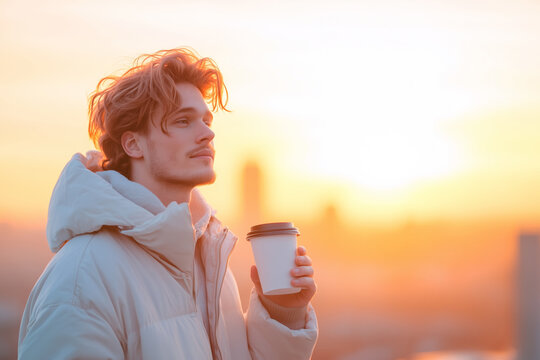 Coffee cup mockup with young man on rooftop at sunrise