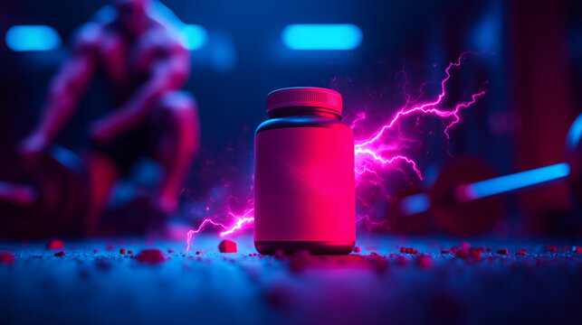Pre-workout supplement bottle mockup with lightning energy and athlete in gym