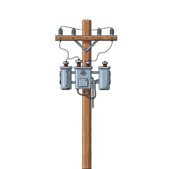 Illustration of an electricity pole with transformers and wiring, vector design on white