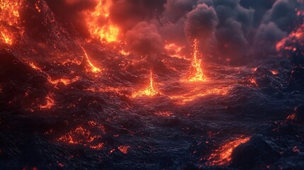 Naklejka premium A dramatic, fiery landscape features a turbulent ocean of molten lava, surrounded by dark, ominous clouds, creating a scene of intense heat and geological power.