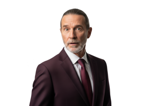 Shocked mature businessman in burgundy suit looking upwards stock photo for design assets and graphics isolated on transparent background
