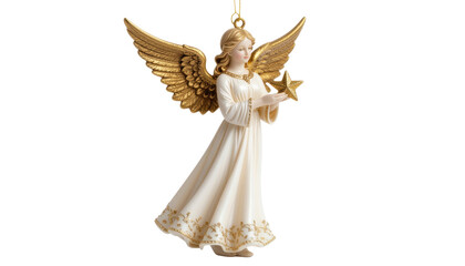 golden angel statue holding a shining star, evokes a sense of peace and divine presence, perfect for holiday-themed projects. Isolated On Transparent and White Background