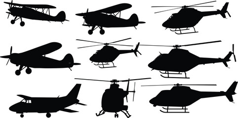 Aircraft silhouettes, airplane illustration, helicopter silhouettes, aviation design, biplane artwork, monoplane silhouettes, flying machines, aviation concept, aircraft artwork, aviation collection © Creatives Sakib