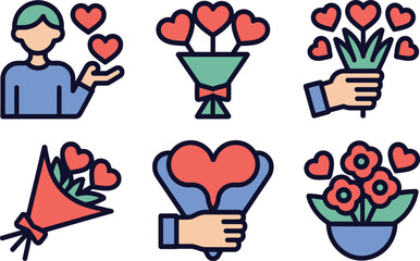 Heart shaped flower bouquets and romantic gestures icon set