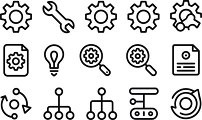 Collection of outline icons representing tools settings and processes