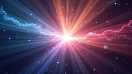 Obraz premium Brilliant and radiant light bursts from a central point, surrounded by flowing, electric energy and cosmic dust, creating an artistic and colorful abstract background with a feeling of space and...