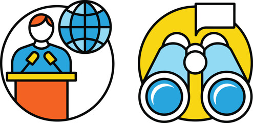 Global speaker and binoculars icon set for business and research