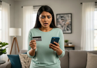 Shocked Woman Holding Credit Card and Phone After Unexpected Expense
