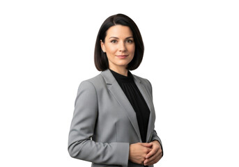 Professional businesswoman in gray suit posing for headshot, corporate portrait of female executive, isolated on transparent background