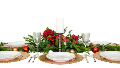 festive holiday table setting with an elegant centerpiece and cheerful ornaments creating a warm, inviting atmosphere. Isolated On Transparent and White Background