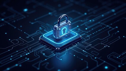 Digital security concept showcases a glowing lock icon superimposed over a circuit board background with intricate lines, symbolizing protection and data encryption.