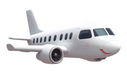 White airplane 3d rendering isolated on transparent background. Cartoon plastic style icon