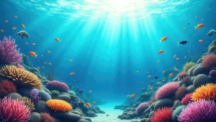 Obraz premium Vivid illustration depicting a vibrant underwater seascape filled with colorful coral reefs, diverse fish, and shimmering sunlight filtering through the water, creating an enchanting and lively...